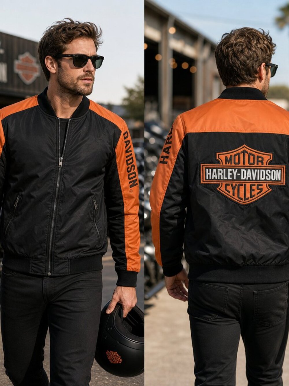 Vintage Harley‑Davidson Nylon Bomber Jacket Orange Embroidered Back Logo Men M